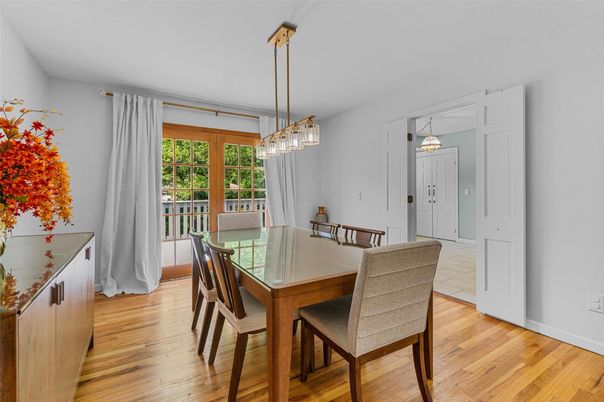 Dining room, Interior, Pendant Lights, Wood Texture Flooring