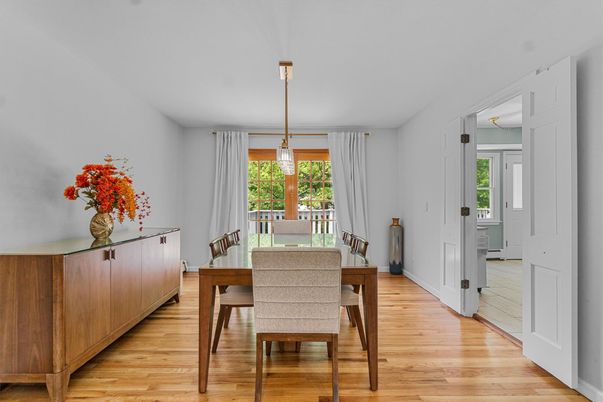 Dining room, Interior, Pendant Lights, Wood Texture Flooring