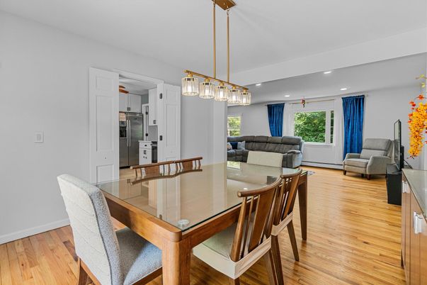 Dining room, Interior, Kitchen, Living room, Pendant Lights, Recessed Lighting, Stainless Steel Appliances, Wood Texture Flooring