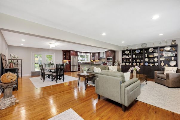 Dining room, Interior, Kitchen, Living room, Recessed Lighting, Stainless Steel Appliances, Wood Texture Flooring