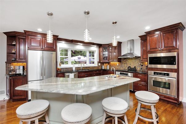 Interior, Kitchen, Pendant Lights, Recessed Lighting, Stainless Steel Appliances, Wood Texture Flooring