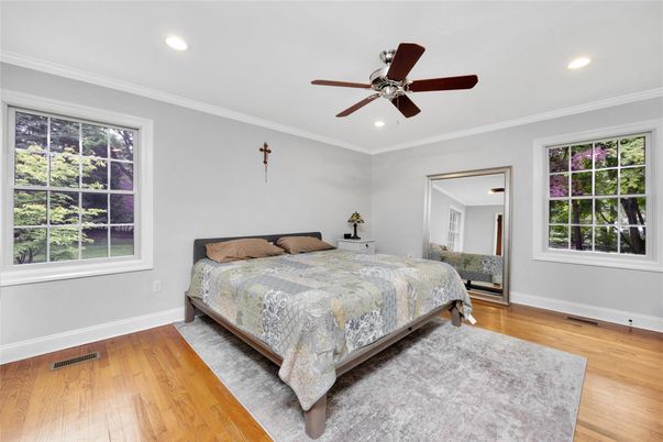 Bedroom, Interior, Recessed Lighting, Wood Texture Flooring