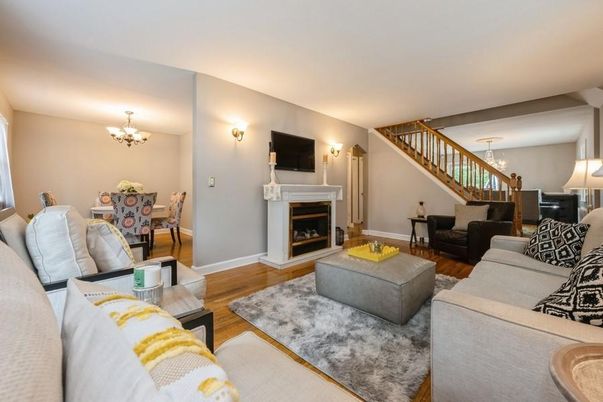 Chandelier, Dining room, Fireplace, Interior, Living room, Piano, Wood Texture Flooring
