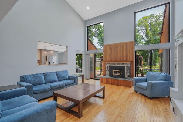 Chandelier, Fireplace, Interior, Living room, Recessed Lighting, Wood Texture Flooring