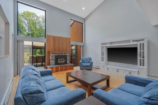 Fireplace, Interior, Living room, Recessed Lighting, Wood Texture Flooring