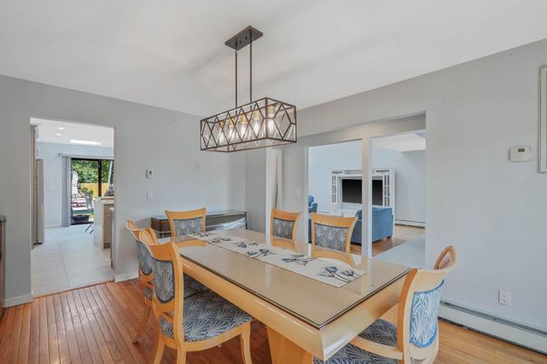 Dining room, Interior, Pendant Lights, Wood Texture Flooring