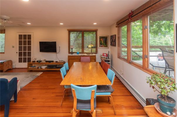 Dining room, Interior, Recessed Lighting, Wood Texture Flooring