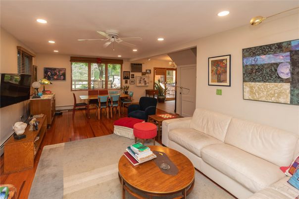 Dining room, Interior, Living room, Recessed Lighting, Wood Texture Flooring
