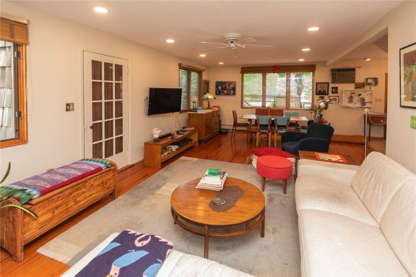 Dining room, Interior, Living room, Recessed Lighting, Wood Texture Flooring