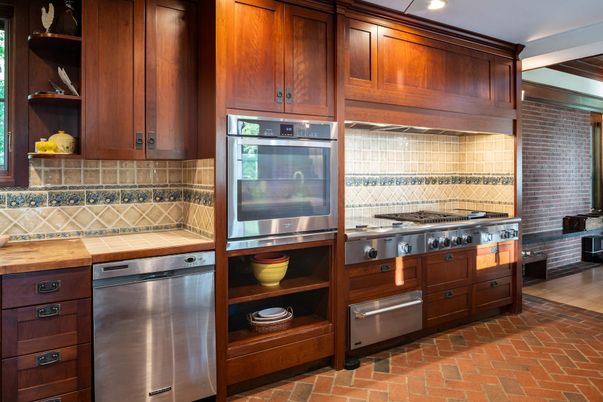 Interior, Kitchen, Recessed Lighting, Stainless Steel Appliances, Stone Walls