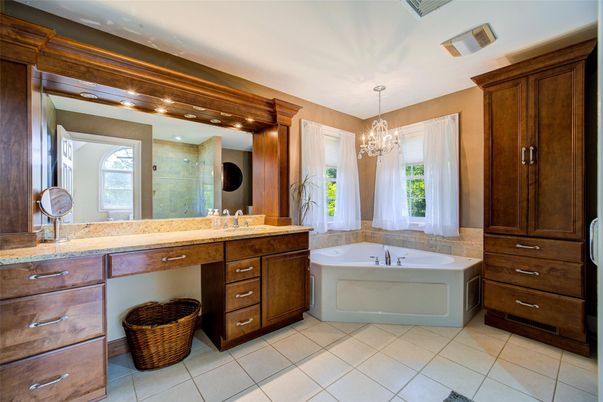 Bathroom, Chandelier, Dual Sink Vanities, Interior, Recessed Lighting