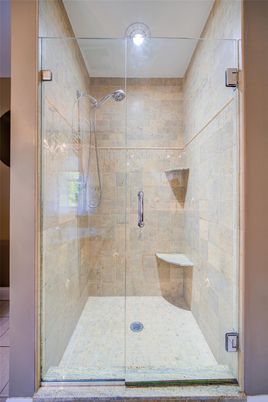 Bathroom, Glass Shower, Interior, Recessed Lighting, Stone Walls