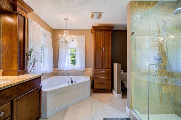Bathroom, Chandelier, Glass Shower, Interior