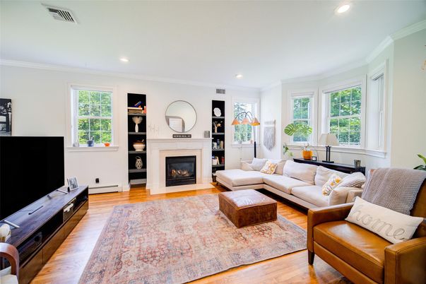 Fireplace, Interior, Living room, Recessed Lighting, Wood Texture Flooring