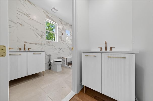 Bathroom, Interior, Marble Walls, Wood Texture Flooring