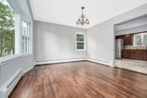 Chandelier, Empty room, Interior, Kitchen, Wood Texture Flooring