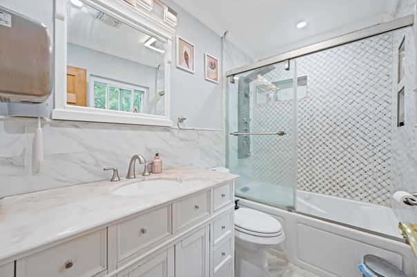 Bathroom, Glass Shower, Interior, Marble, Marble Walls, Recessed Lighting
