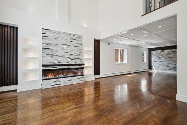 Empty room, Fireplace, Interior, Recessed Lighting, Wood Texture Flooring