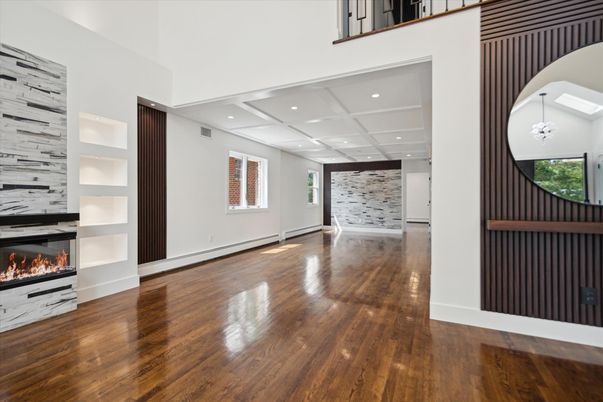 Fireplace, Interior, Pendant Lights, Recessed Lighting, Wood Texture Flooring