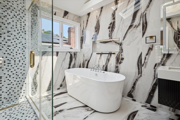Bathroom, Free Standing Baths, Glass Shower, Interior, Marble, Marble Walls, Recessed Lighting