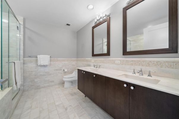 Bathroom, Dual Sink Vanities, Glass Shower, Interior, Marble, Recessed Lighting