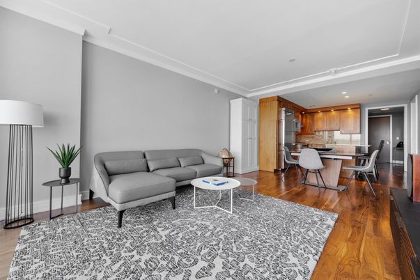 Dining room, Interior, Kitchen, Living room, Recessed Lighting, Stainless Steel Appliances, Wood Texture Flooring