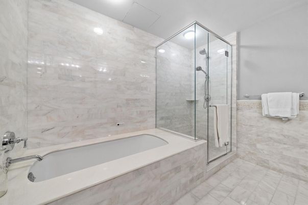 Bathroom, Glass Shower, Interior, Marble, Marble Walls, Recessed Lighting