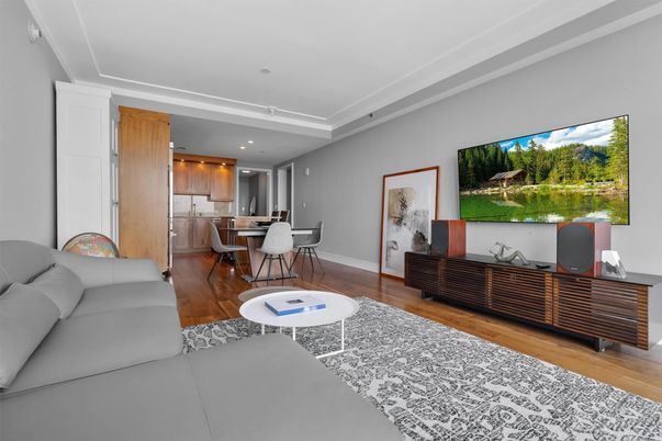 Dining room, Interior, Living room, Recessed Lighting, Wood Texture Flooring