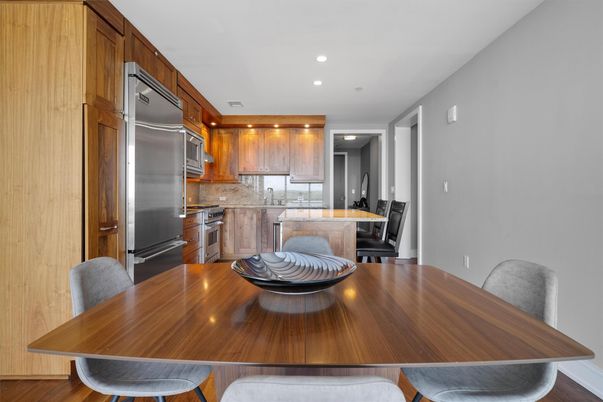Dining room, Interior, Kitchen, Recessed Lighting, Stainless Steel Appliances, Wood Texture Flooring