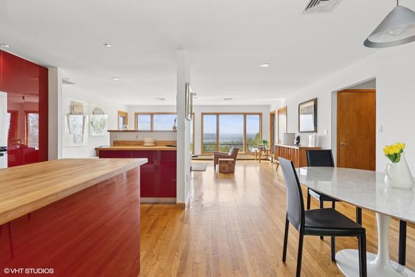 Dining room, Interior, Kitchen, Living room, Recessed Lighting, Water, Wood Texture Flooring