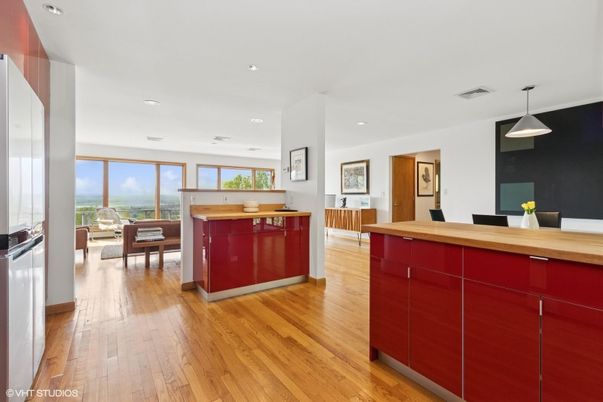 Dining room, Interior, Pendant Lights, Recessed Lighting, Wood Texture Flooring