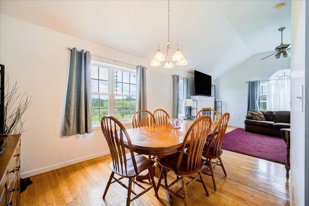 Dining room, Interior, Pendant Lights, Wood Texture Flooring