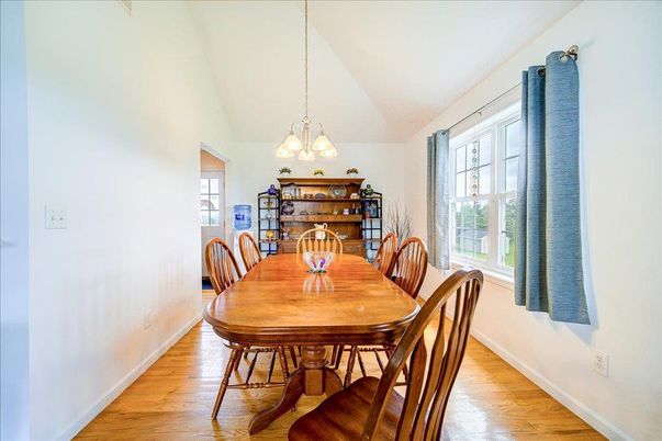 Dining room, Interior, Pendant Lights, Wood Texture Flooring