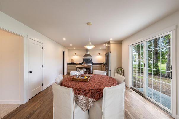 Dining room, Interior, Pendant Lights, Recessed Lighting, Wood Texture Flooring