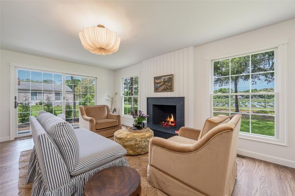 Fireplace, Interior, Living room, Pendant Lights, Water, Wood Texture Flooring