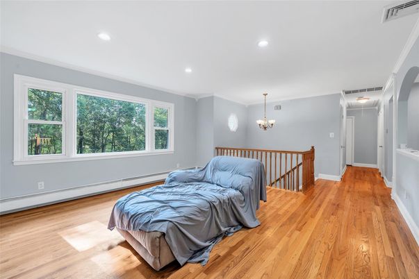 Bedroom, Chandelier, Interior, Recessed Lighting, Wood Texture Flooring
