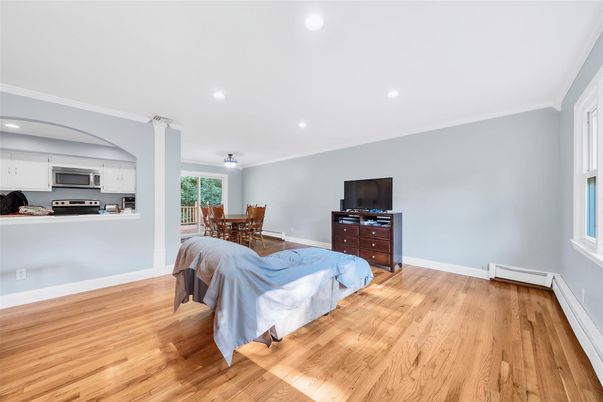 Bedroom, Dining room, Interior, Kitchen, Recessed Lighting, Stainless Steel Appliances, Wood Texture Flooring