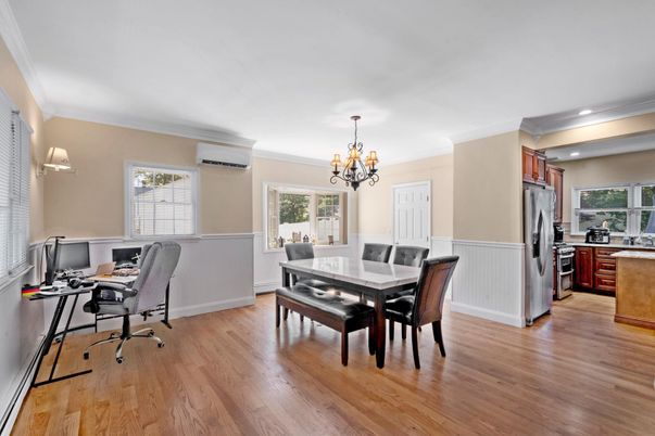 Chandelier, Home Office, Interior, Kitchen, Recessed Lighting, Wood Texture Flooring