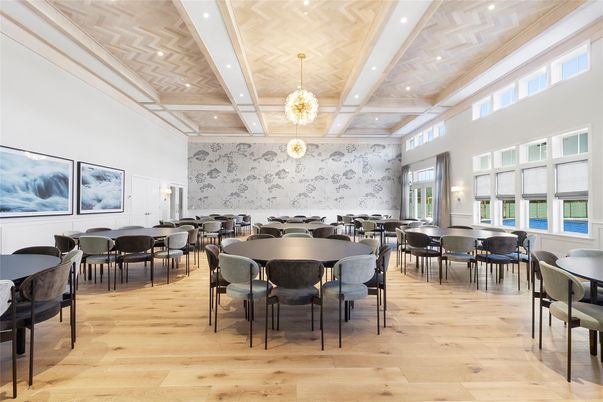 Dining room, Interior, Pendant Lights, Recessed Lighting, Wood Texture Flooring