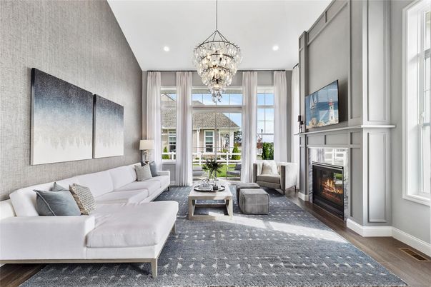 Chandelier, Fireplace, Interior, Living room, Recessed Lighting, Wood Texture Flooring