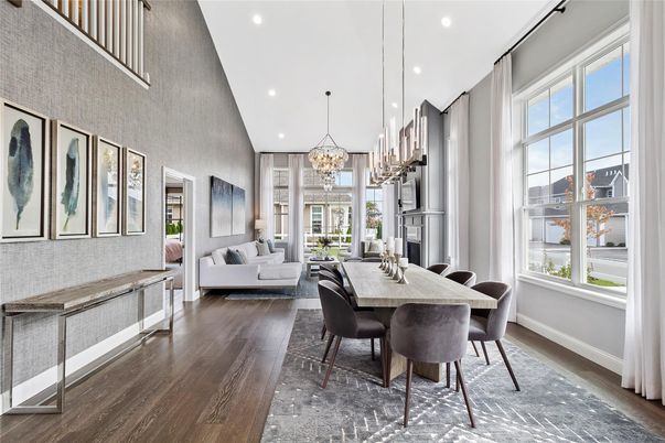 Chandelier, Dining room, Interior, Living room, Pendant Lights, Recessed Lighting, Wood Texture Flooring