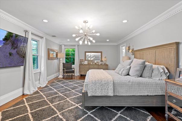 Bedroom, Interior, Pendant Lights, Recessed Lighting, Wood Texture Flooring