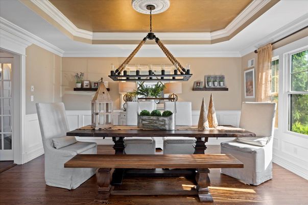 Chandelier, Dining room, Interior, Pendant Lights, Wood Texture Flooring