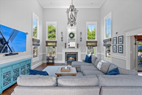 Fireplace, Interior, Living room, Pendant Lights, Wood Texture Flooring
