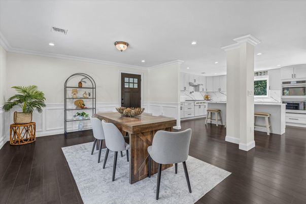 Dining room, Interior, Kitchen, Recessed Lighting, Stainless Steel Appliances, Wood Texture Flooring