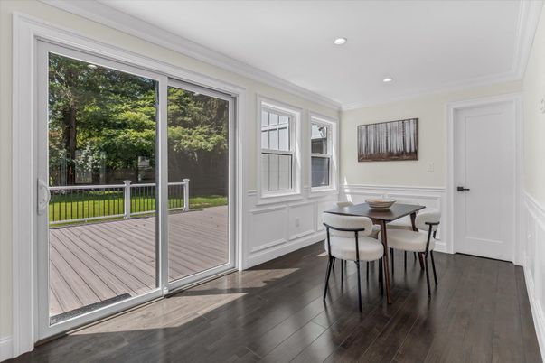 Dining room, Interior, Recessed Lighting, Wood Texture Flooring