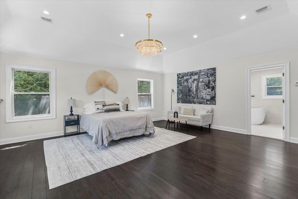 Bedroom, Chandelier, Interior, Recessed Lighting, Wood Texture Flooring