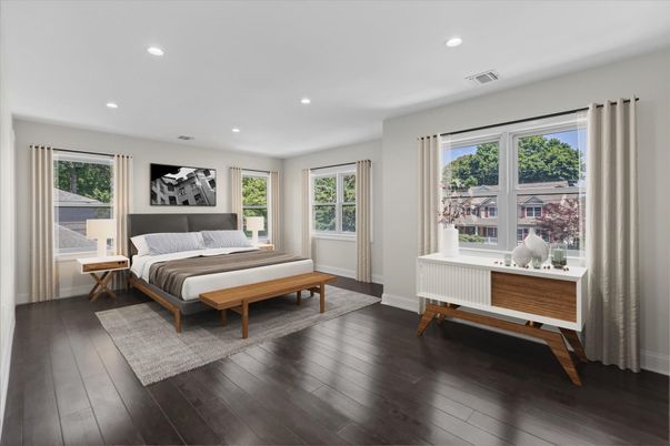 Bedroom, Interior, Recessed Lighting, Wood Texture Flooring