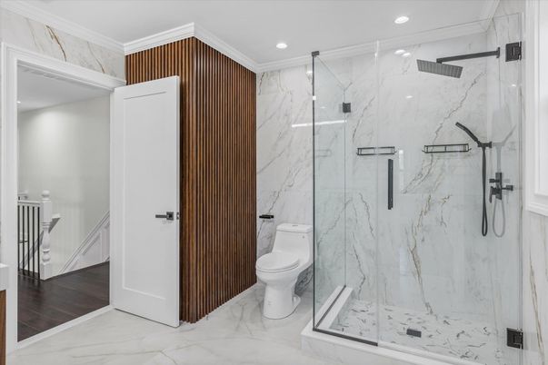 Bathroom, Glass Shower, Interior, Marble, Marble Walls, Recessed Lighting, Wood Texture Flooring