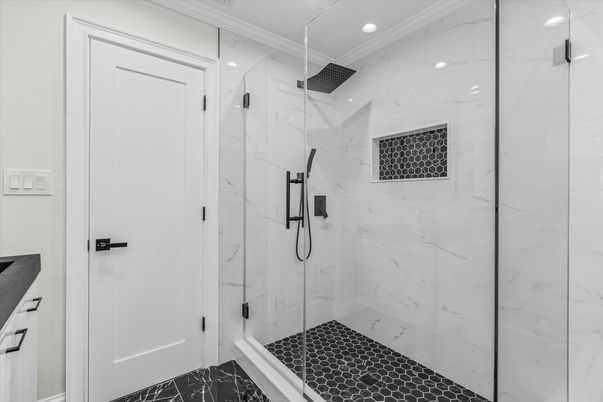 Bathroom, Glass Shower, Interior, Marble Walls, Recessed Lighting